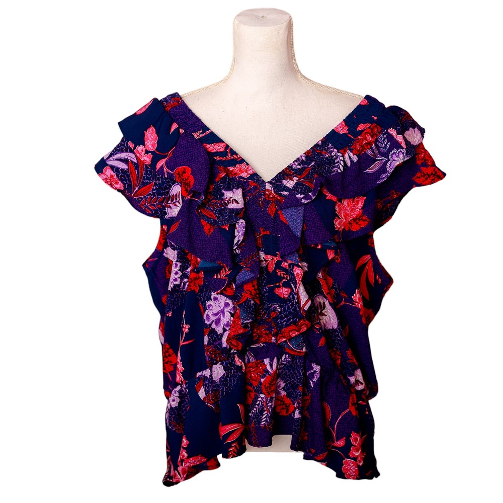 Sofia Vergara Women's Blue Pink Flutter Sleeve Floral Blouse Plus Size XXL